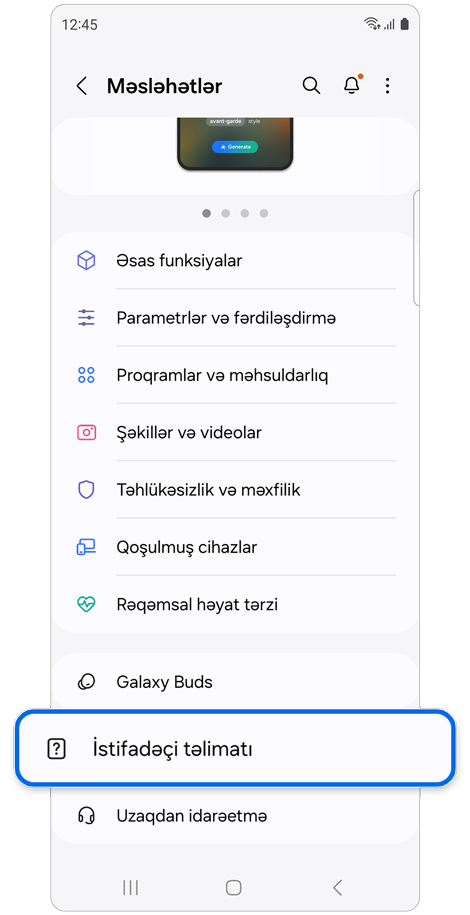 Məsləhətlərə baxmaq və İstifadəçi təlimatına daxil olmaq üçün kateqoriyaların siyahısı.