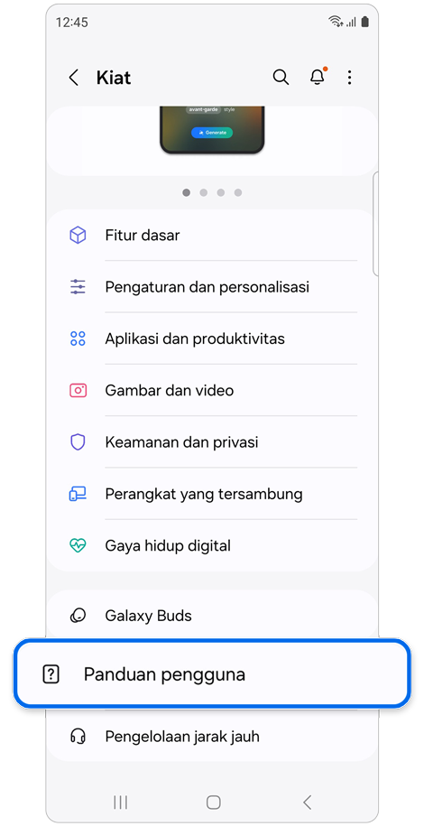 Daftar kategori untuk melihat tips dan mengakses Panduan pengguna.