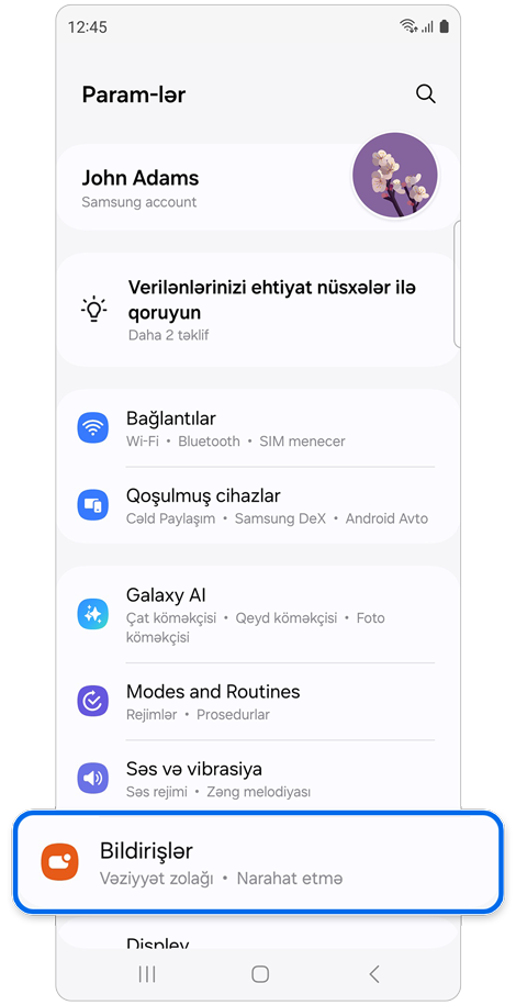 Parametrlər əsas ekranı