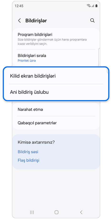 Bildiriş parametrləri ekranı.