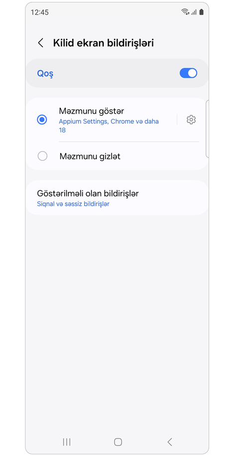 Kilid ekranı bildiriş parametrləri.
