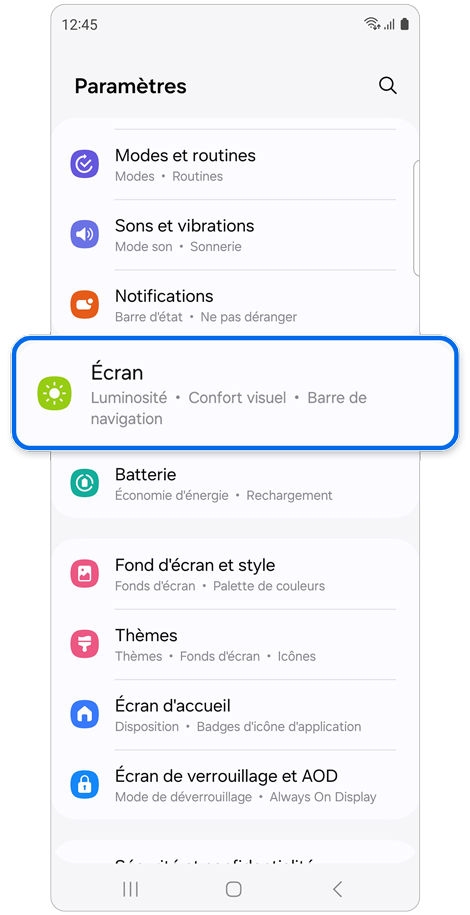 Écran d'accueil du menu des paramètres