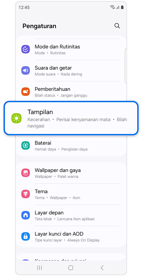 Layar beranda pengaturan