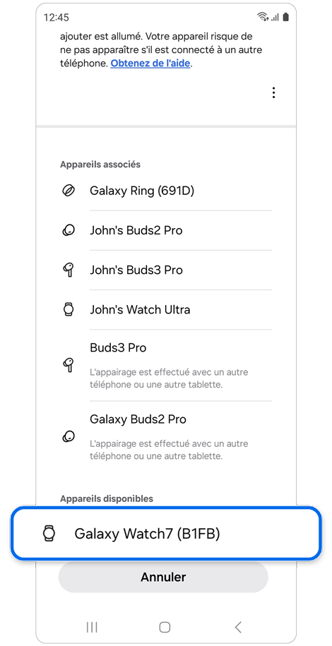 Liste des appareils disponibles pour un couplage Bluetooth.