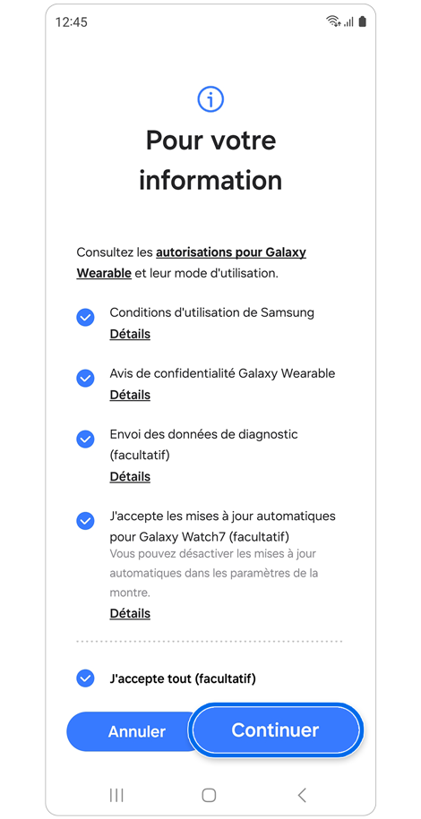 Écran d’information de l’application Galaxy Wearable.