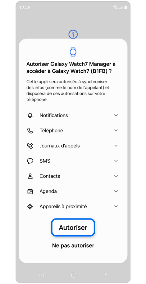 Écran d’autorisation de l'application Galaxy Manager.