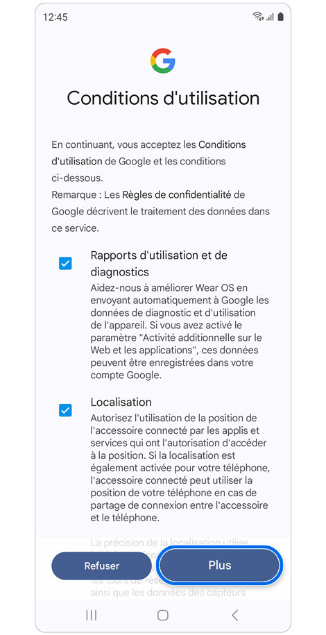 Écran des conditions d’utilisation de Google.