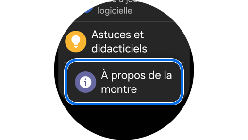 Écran d'accueil du menu des paramètres sur une Galaxy Watch.