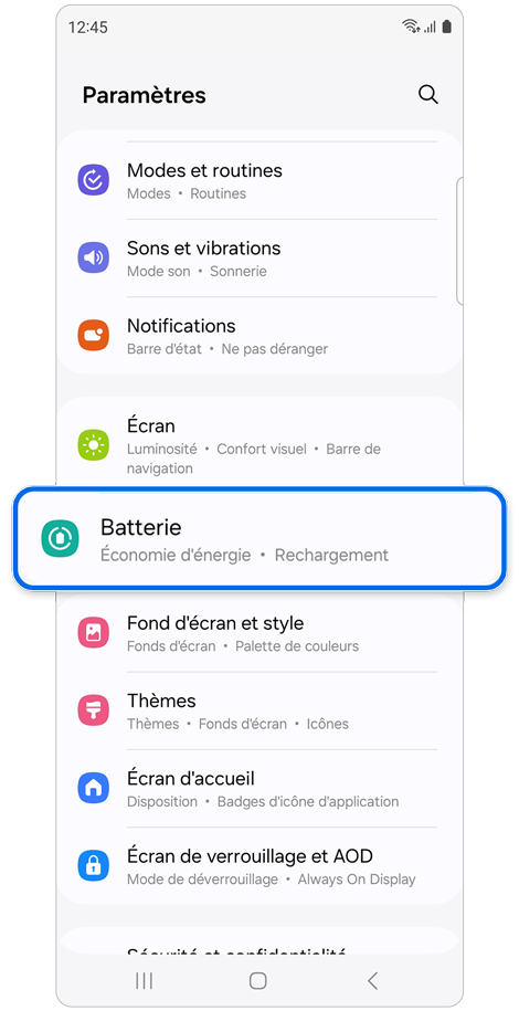Écran d'accueil du menu des paramètres d’un Samsung Galaxy