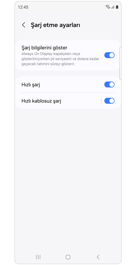 Şarj etme ayarları ekranı