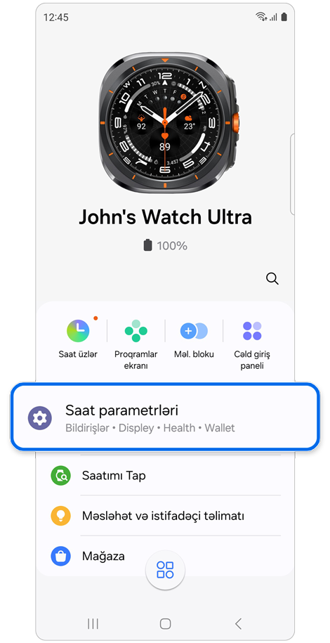Galaxy Wearable tətbiqində Galaxy Watch əsas ekranı.