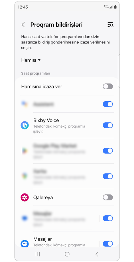 Tətbiq bildirişlərindəki tətbiqlərin siyahısı.