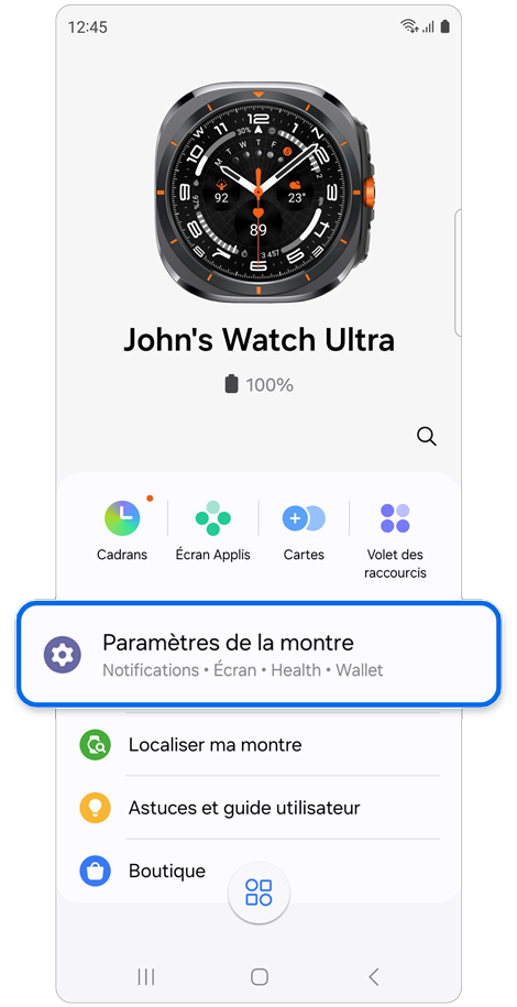 Écran d'accueil de l'application Galaxy Wearable.