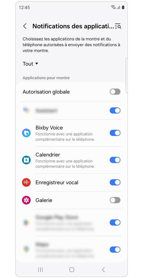 Écran d'accueil du menu des notifications des applications de l'application Galaxy Wearable.