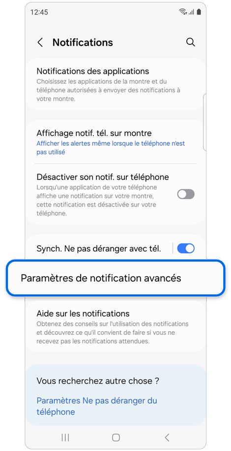 Écran d'accueil du menu des notifications de l'application Galaxy Wearable.