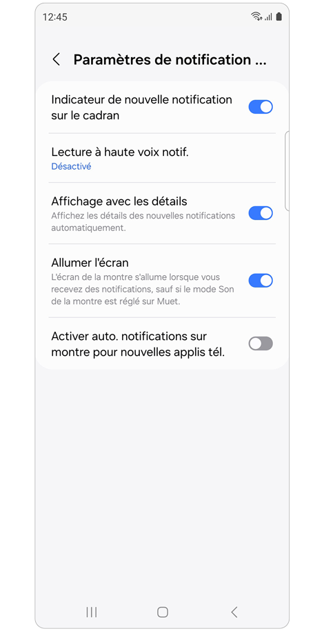 Écran d'accueil du menu des paramètres de notifications avancées de l'application Galaxy Wearable.