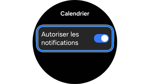 Écran d’autorisation des notifications de l’application Calendrier sur une Galaxy Watch.