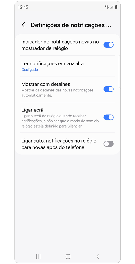 Lista de Definições de notificações avançadas.