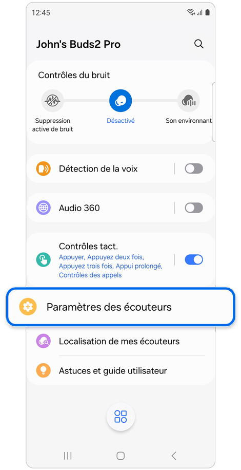 Écran d'accueil de l’application Galaxy Wearable