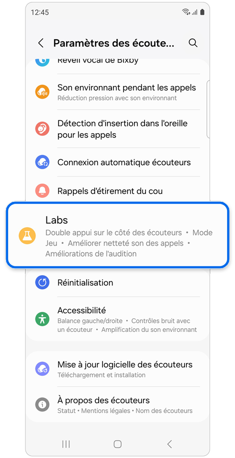 Écran d'accueil du menu des paramètres des écouteurs de l’application Galaxy Wearable
