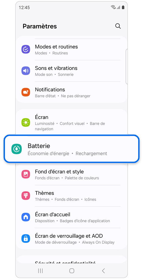 Écran du menu des paramètres d’un Samsung Galaxy.