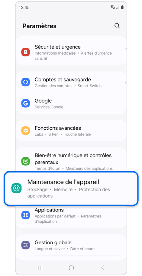 Écran du menu des paramètres d’un Samsung Galaxy.