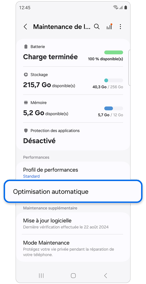 Écran du menu de maintenance de l’appareil d’un Samsung Galaxy.