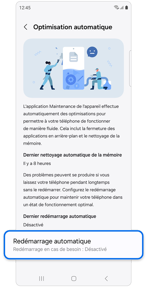Écran du menu d’optimisation automatique d’un Samsung Galaxy.