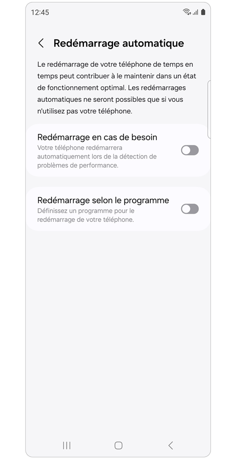 Écran du menu de redémarrage automatique d’un Samsung Galaxy.