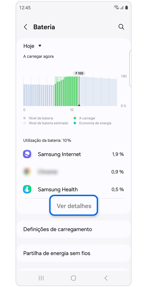 Ecrã de definições da Bateria.