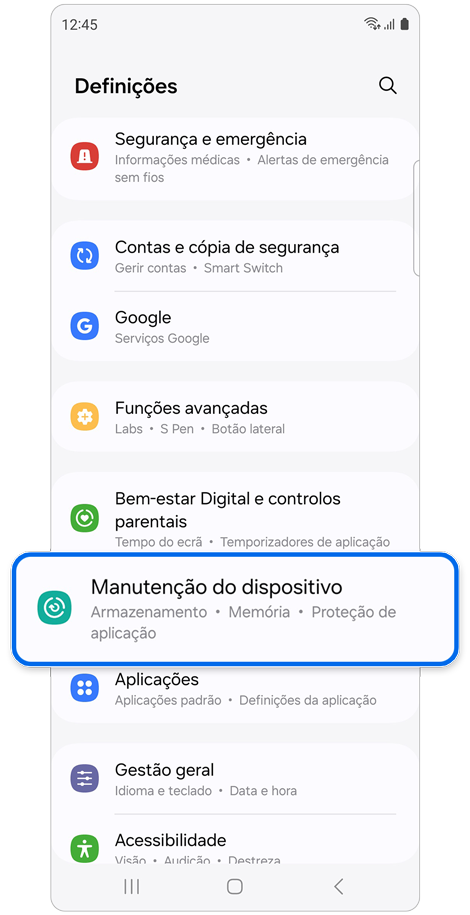 Ecrã inicial Definições.