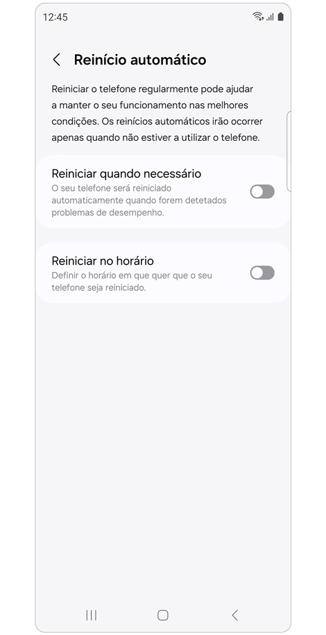 Definições de Reinício automático.