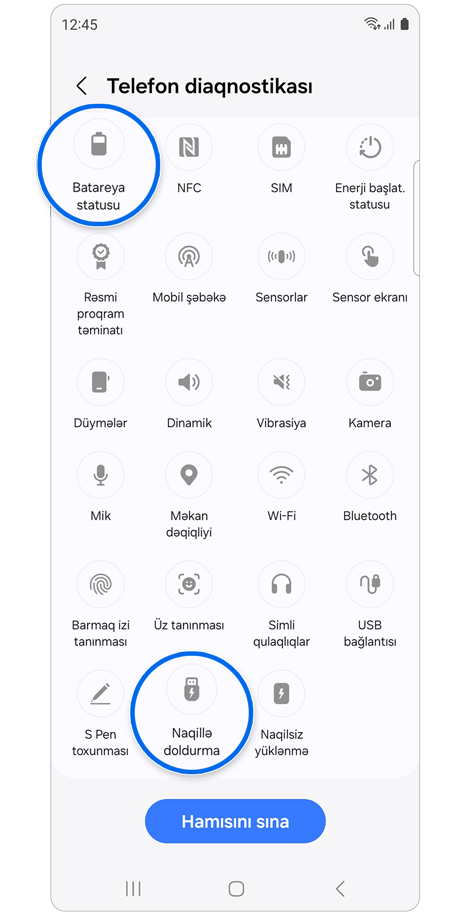 Telefon diaqnostikası ekranı