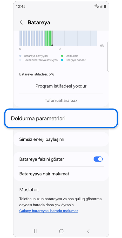 Batareya parametrləri ekranı