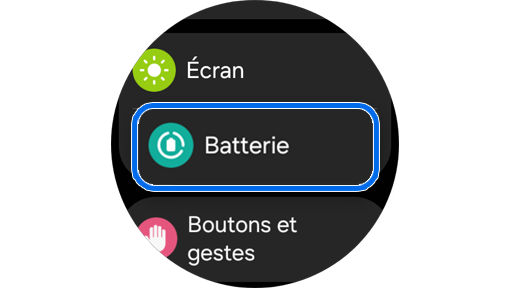 Écran du menu des paramètres d’une Galaxy Watch.