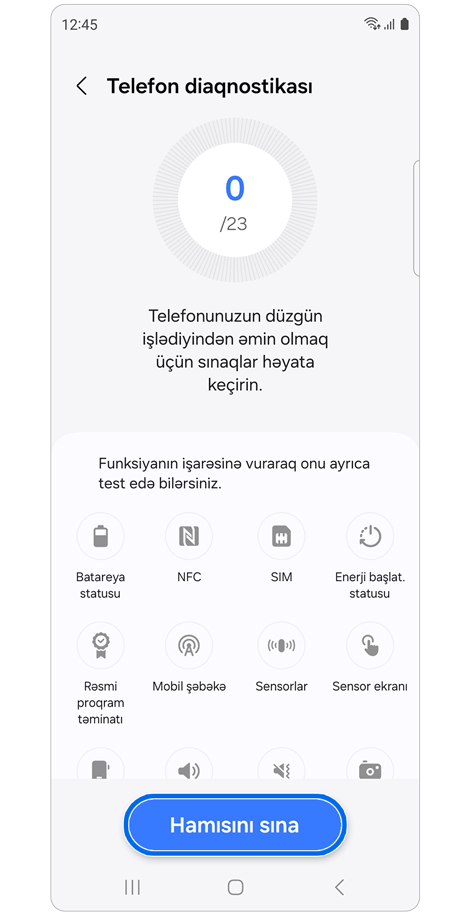 Samsung Members tətbiqində telefon diaqnostikası seçimləri