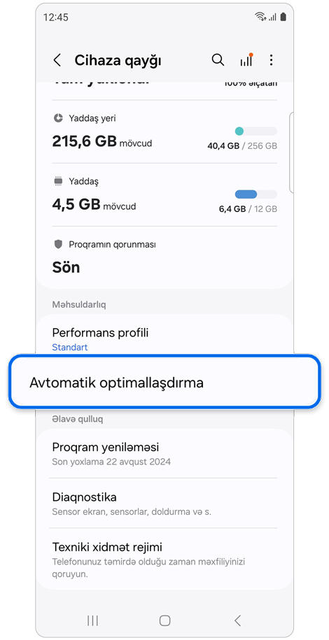 Cihaza qayğı parametrləri ekranı