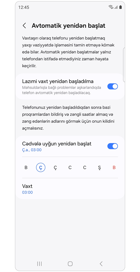 Avtomatik yenidən başlat parametrləri ekranı