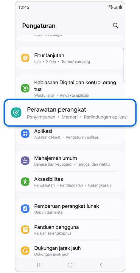 Layar beranda Pengaturan