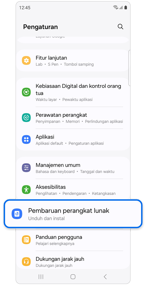 Layar beranda Pengaturan