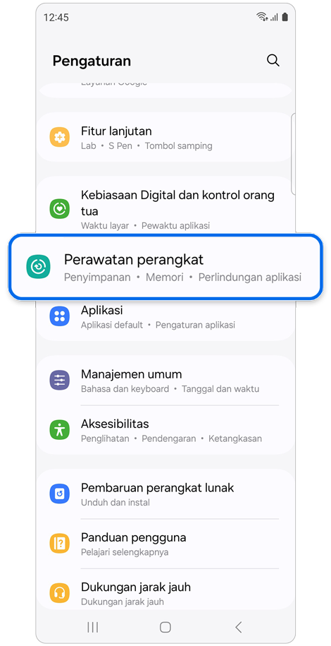Layar beranda Pengaturan