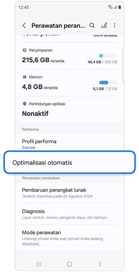 Layar pengaturan Perawatan perangkat