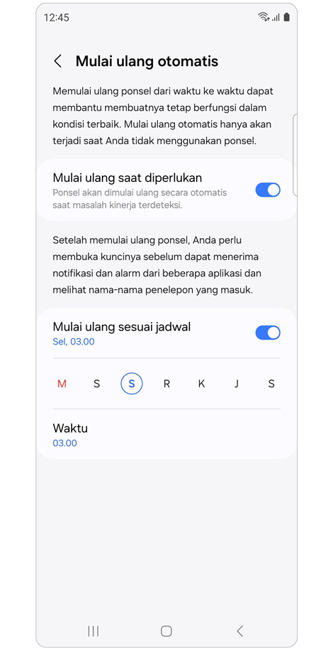 Layar pengaturan mulai ulang otomatis