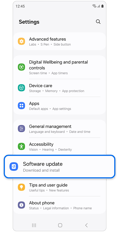 Settings home screen