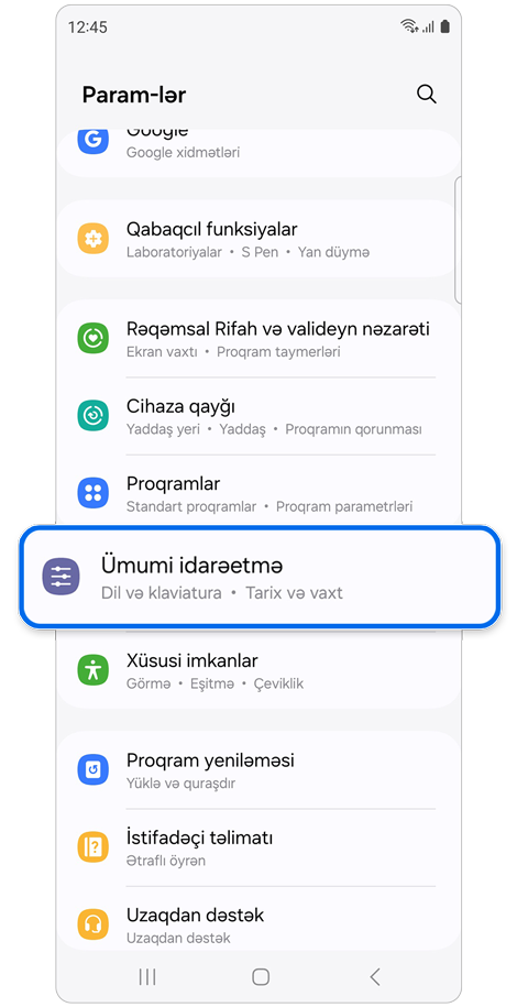 Parametrlər əsas ekranı.