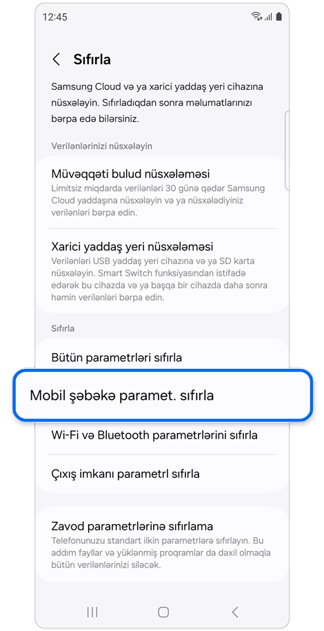 Seçimləri sıfırla ekranı.