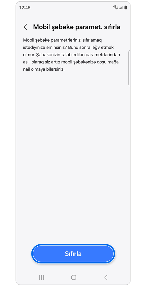 Mobil şəbəkəni sıfırla parametrləri ekranı.