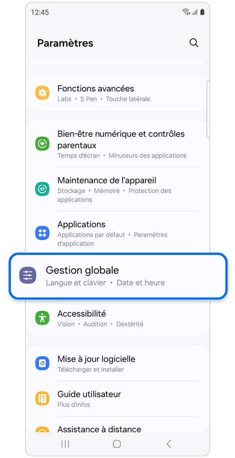 Écran d’accueil du menu des paramètres d’un Samsung Galaxy