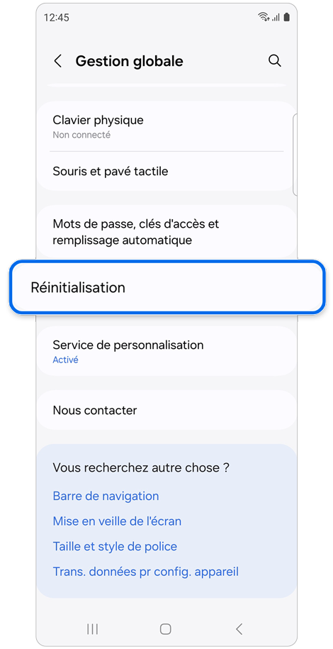 Écran d’accueil du menu de gestion globale d’un Samsung Galaxy