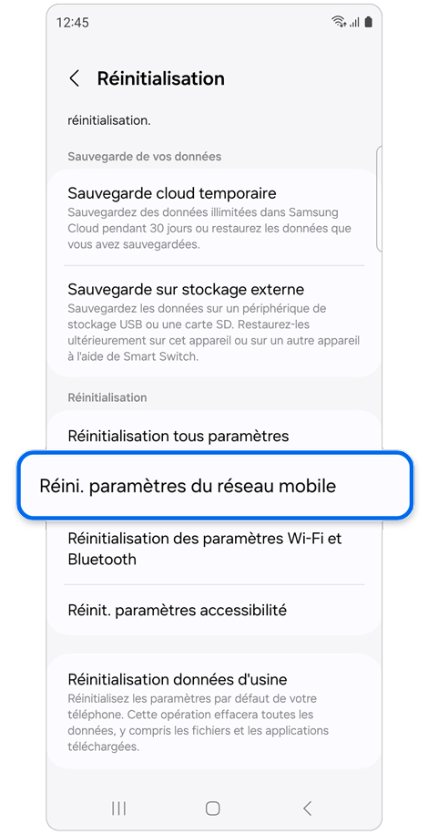 Écran d’accueil du menu de réinitialisation d’un Samsung Galaxy